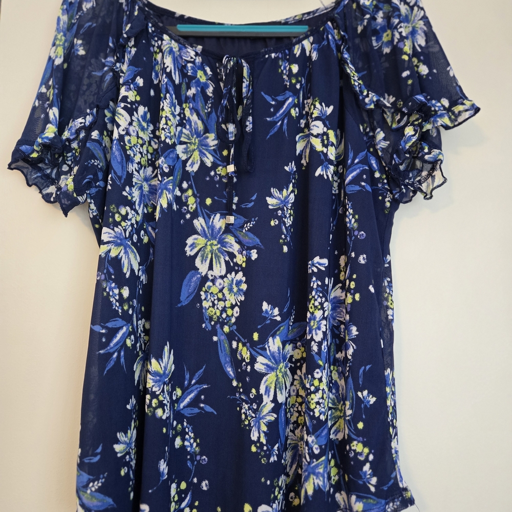 Navy Floral Short Sleeve Peasant Blouse
